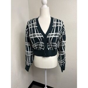 BCBGeneration Women's Cropped Green White Abstract Grid Sweater Cardigan Size M